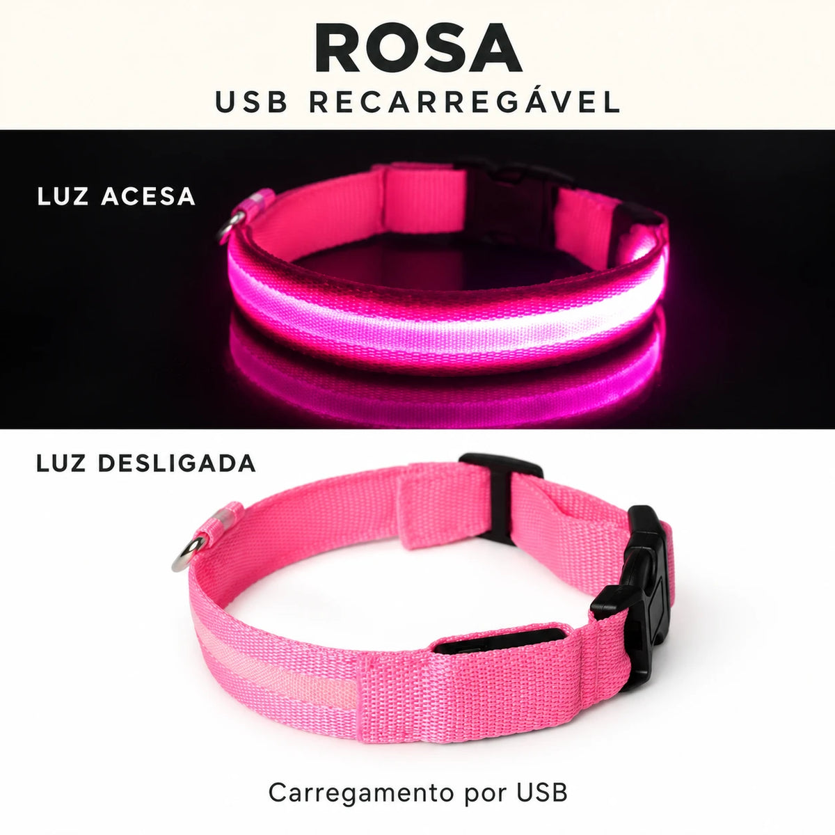 LumiPasseio Rosa — USB recarregável. Luz acesa e desligada. Texto em português.