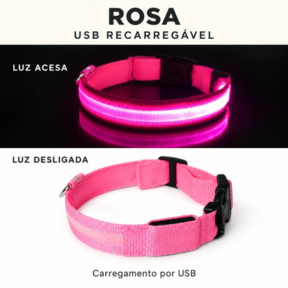 LumiPasseio Rosa — USB recarregável. Luz acesa e desligada. Texto em português.