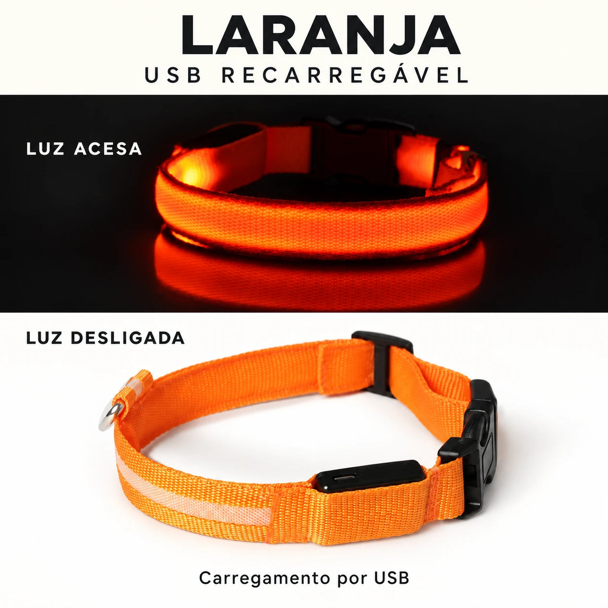 LumiPasseio Laranja — USB recarregável. Luz acesa e desligada. Texto em português.