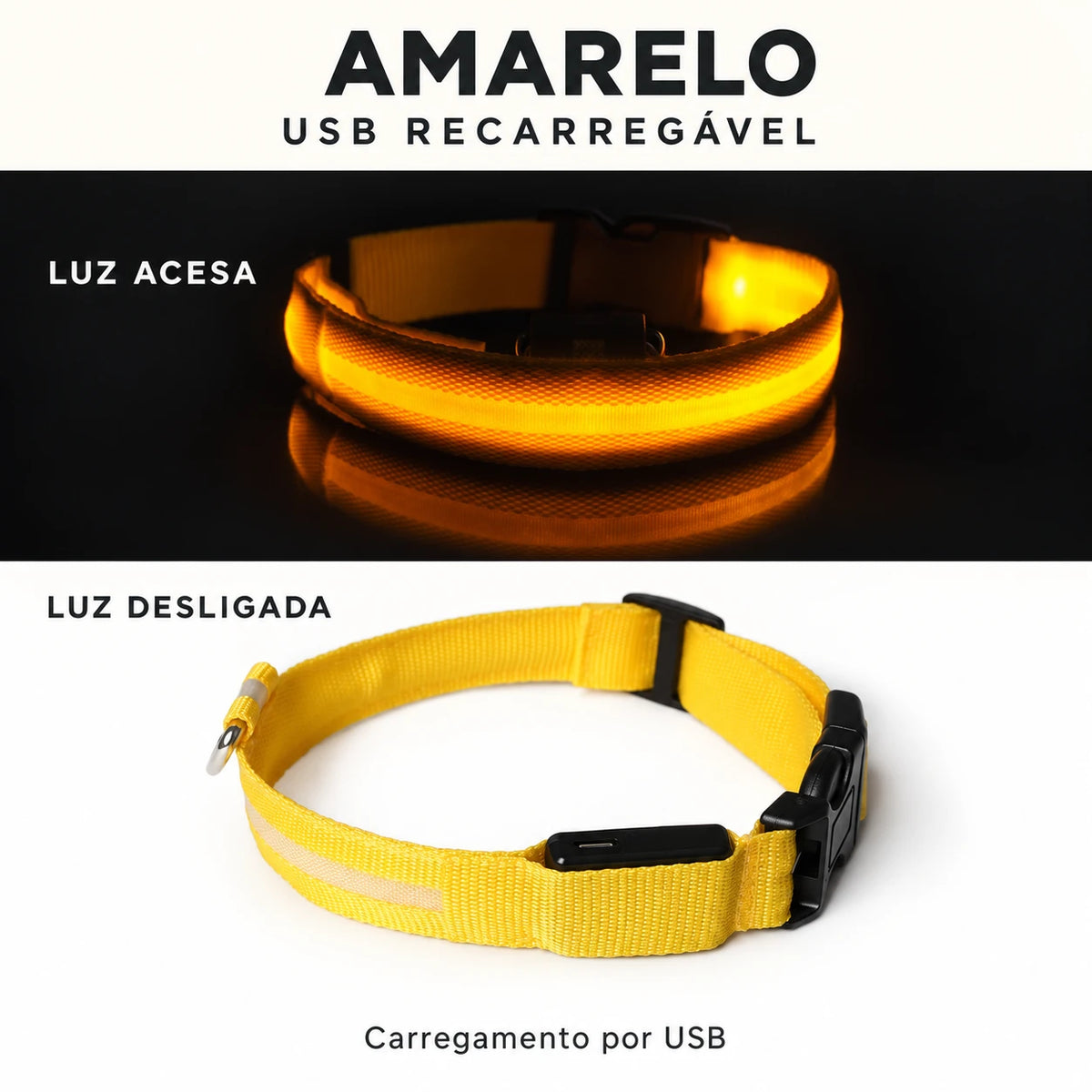 LumiPasseio Amarelo — USB recarregável. Luz acesa e desligada. Texto em português.