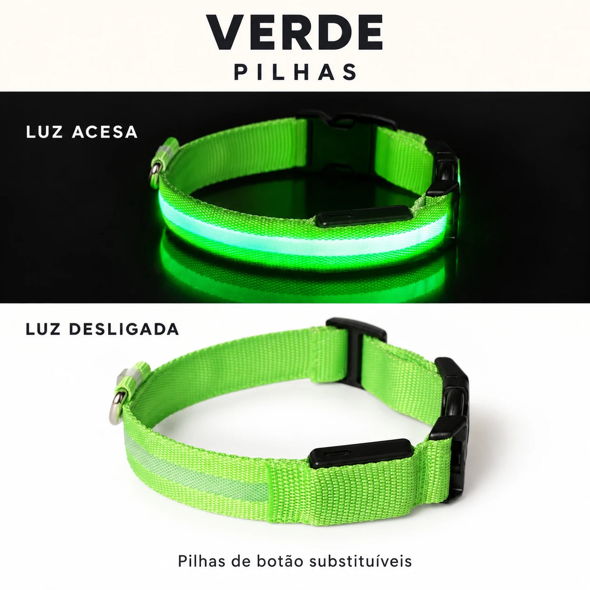 LumiPasseio Verde — Pilhas. Luz acesa e desligada. Texto em português.