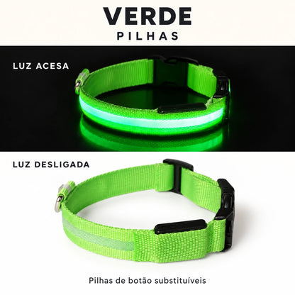 LumiPasseio Verde — Pilhas. Luz acesa e desligada. Texto em português.