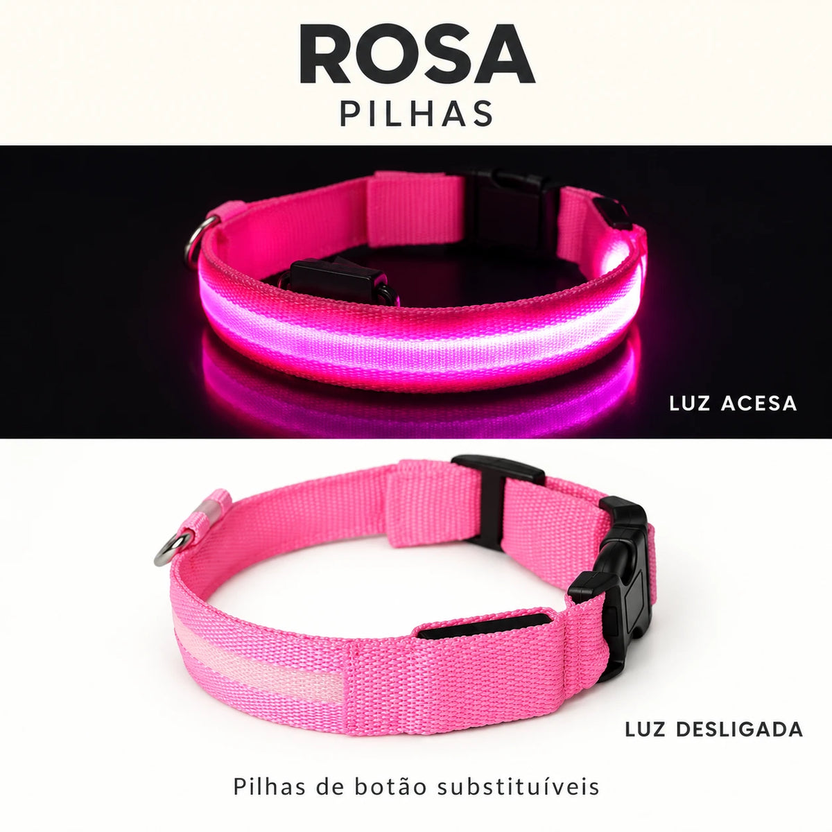 LumiPasseio Rosa — Pilhas. Luz acesa e desligada. Texto em português.