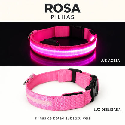LumiPasseio Rosa — Pilhas. Luz acesa e desligada. Texto em português.