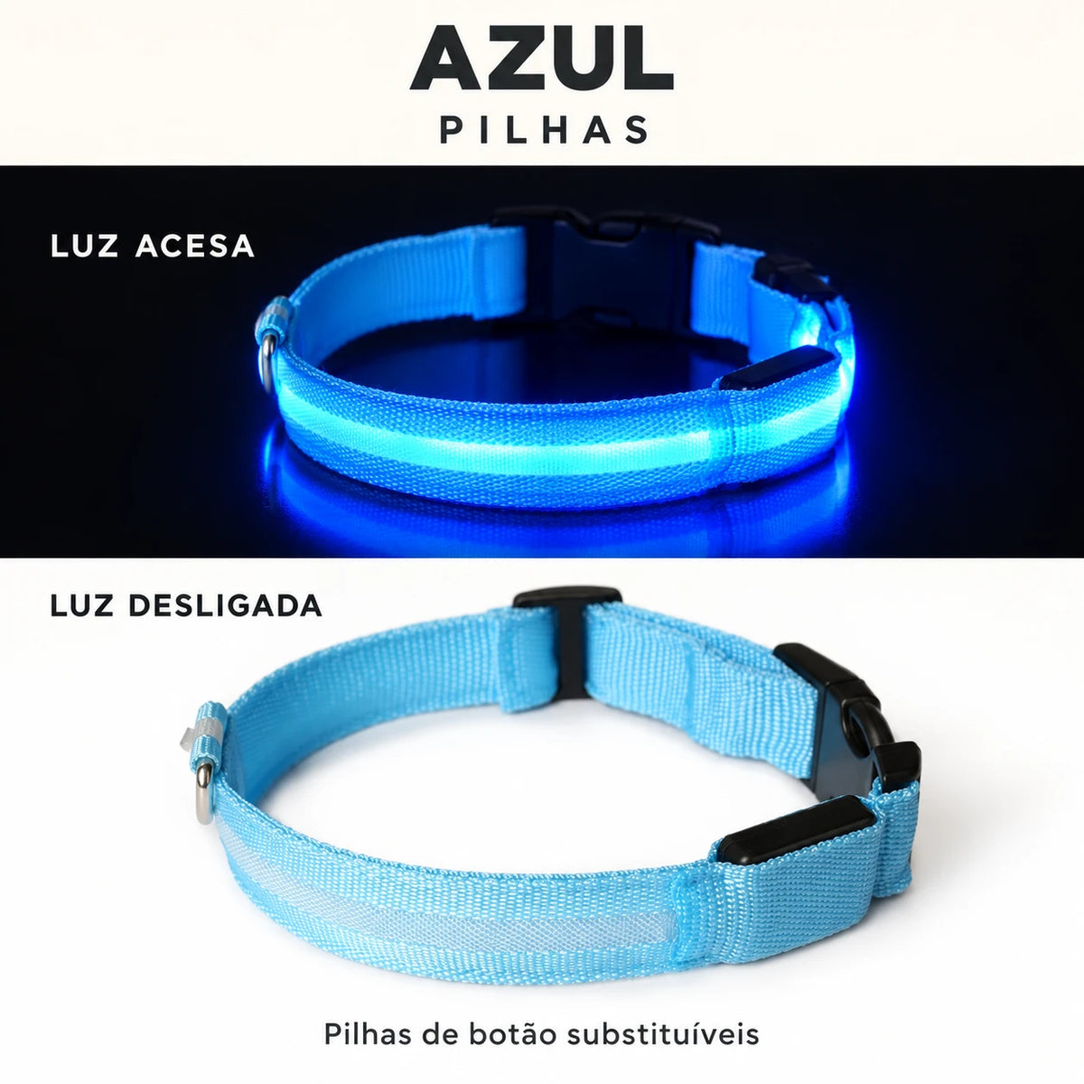 LumiPasseio Azul — Pilhas. Luz acesa e desligada. Texto em português.
