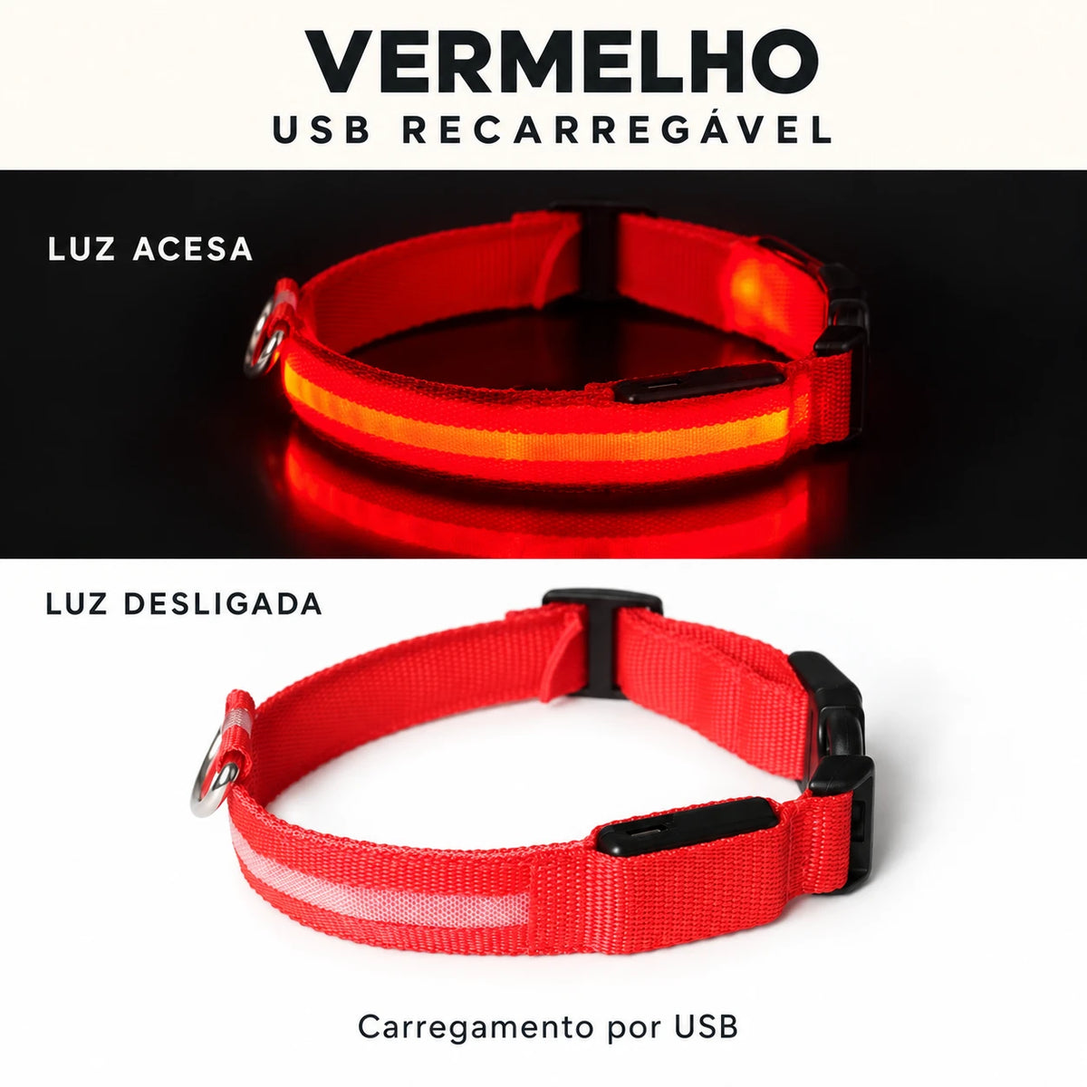 LumiPasseio Vermelho — USB recarregável. Luz acesa e desligada. Texto em português.