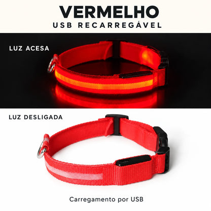 LumiPasseio Vermelho — USB recarregável. Luz acesa e desligada. Texto em português.