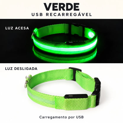 LumiPasseio Verde — USB recarregável. Luz acesa e desligada. Texto em português.