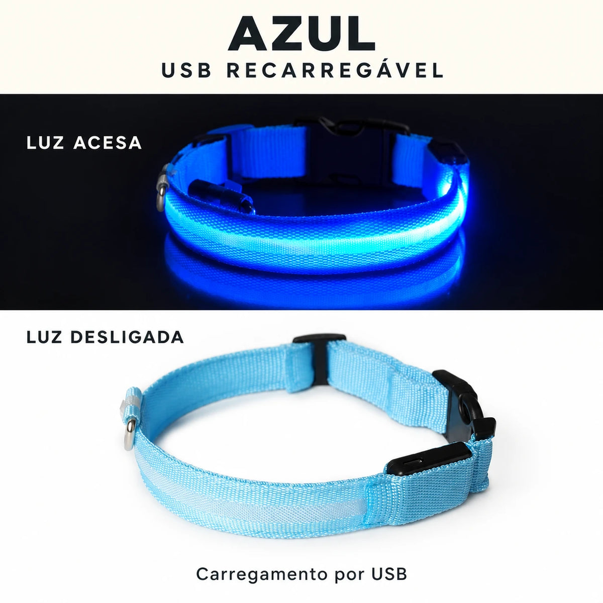 LumiPasseio Azul — USB recarregável. Luz acesa e desligada. Texto em português.