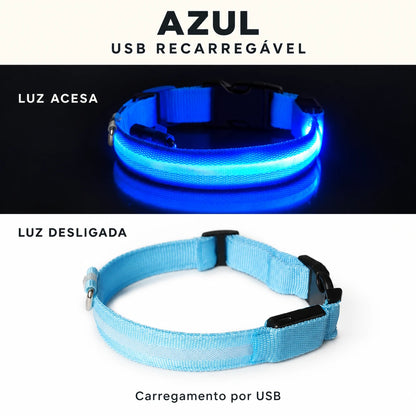 LumiPasseio Azul — USB recarregável. Luz acesa e desligada. Texto em português.