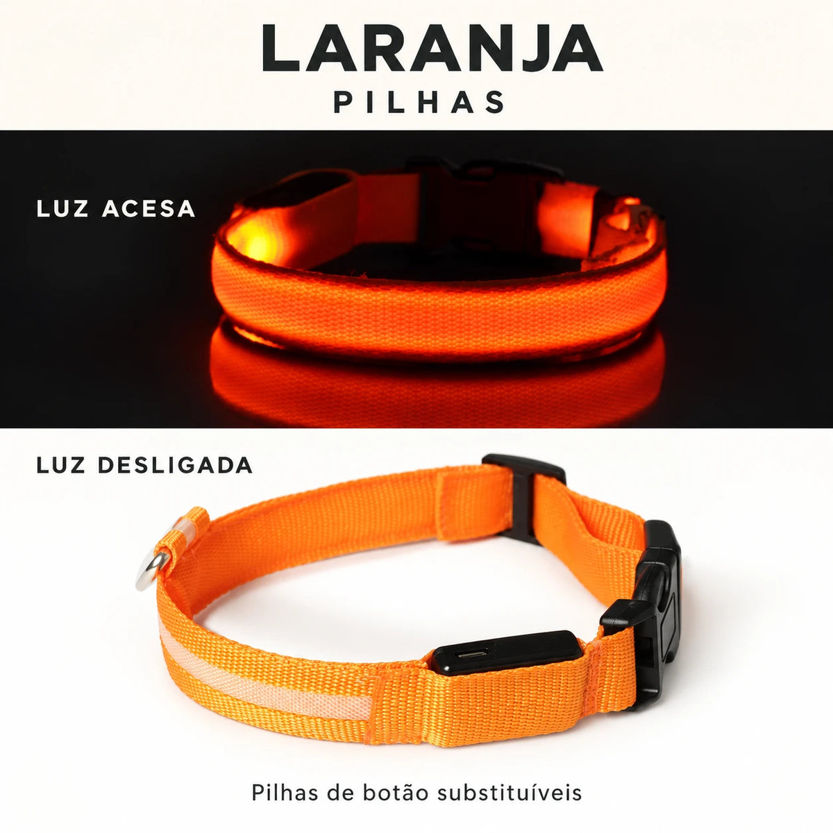 LumiPasseio Laranja — Pilhas. Luz acesa e desligada. Texto em português.