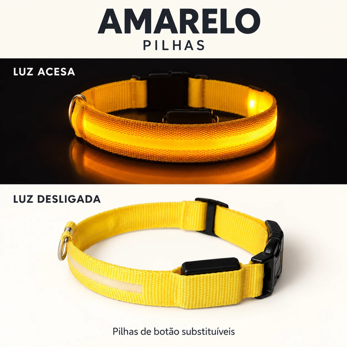 LumiPasseio Amarelo — Pilhas. Luz acesa e desligada. Texto em português.