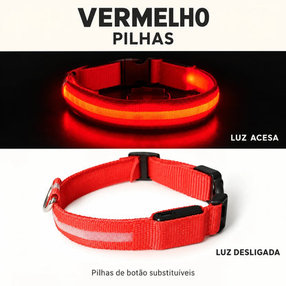 LumiPasseio Vermelho — Pilhas. Luz acesa e desligada. Texto em português.