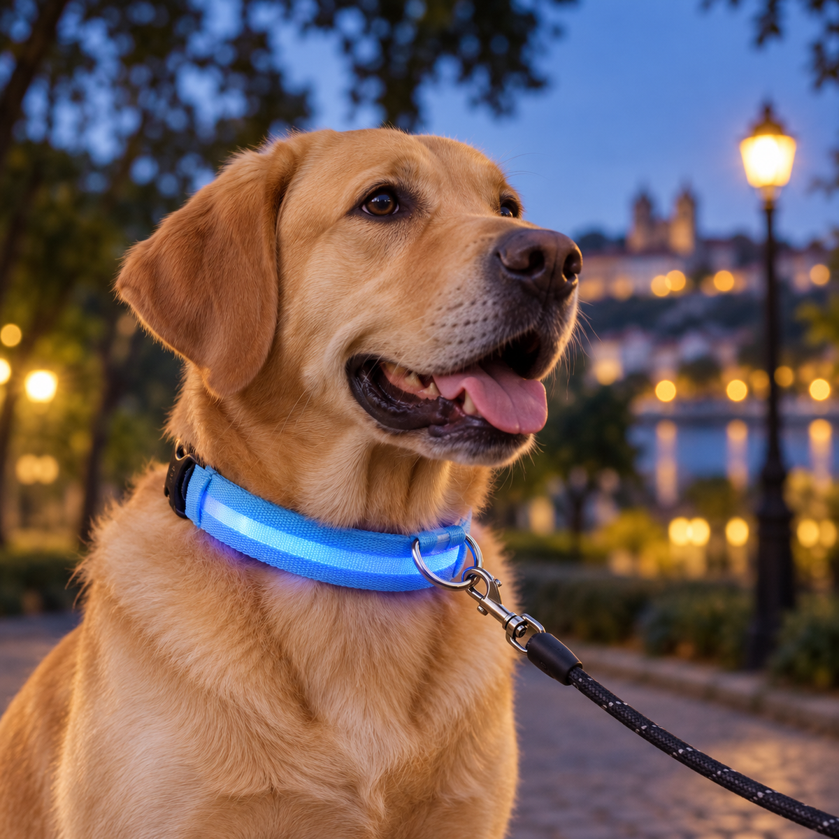 Imagem ilustrativa de um cão com a coleira LumiPasseio azul iluminada ao anoitecer.