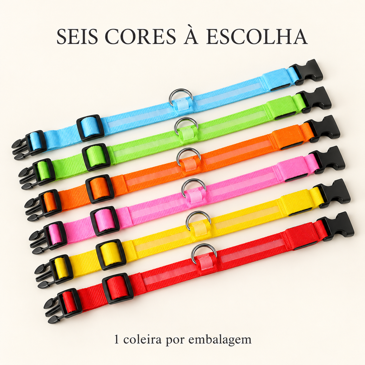 Seis cores disponíveis da LumiPasseio: azul, verde, laranja, rosa, amarelo e vermelho. Uma coleira por embalagem.